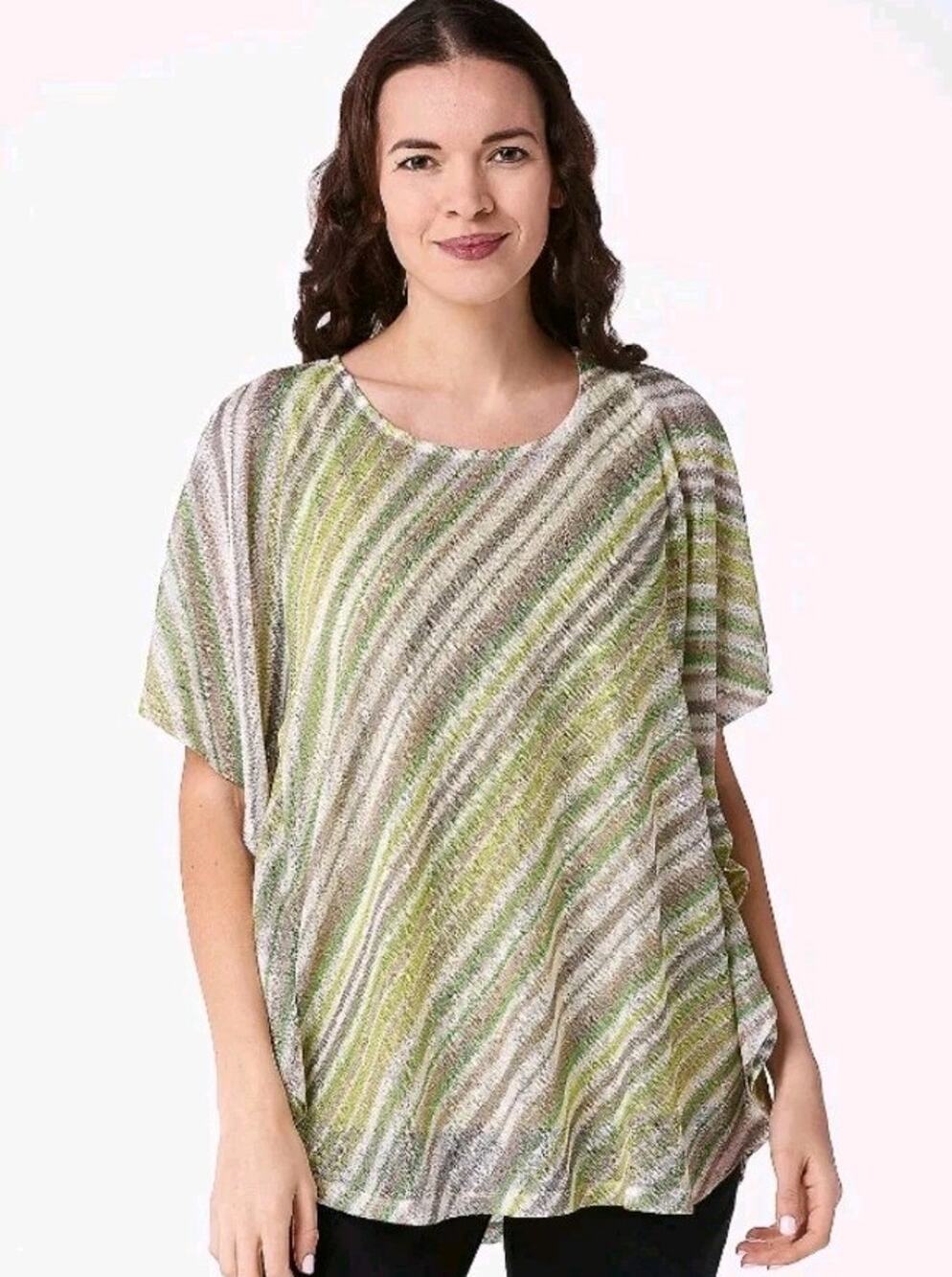Susan Graver XL Striped Sweater Knit Scarf Top green beige diagonal stripes